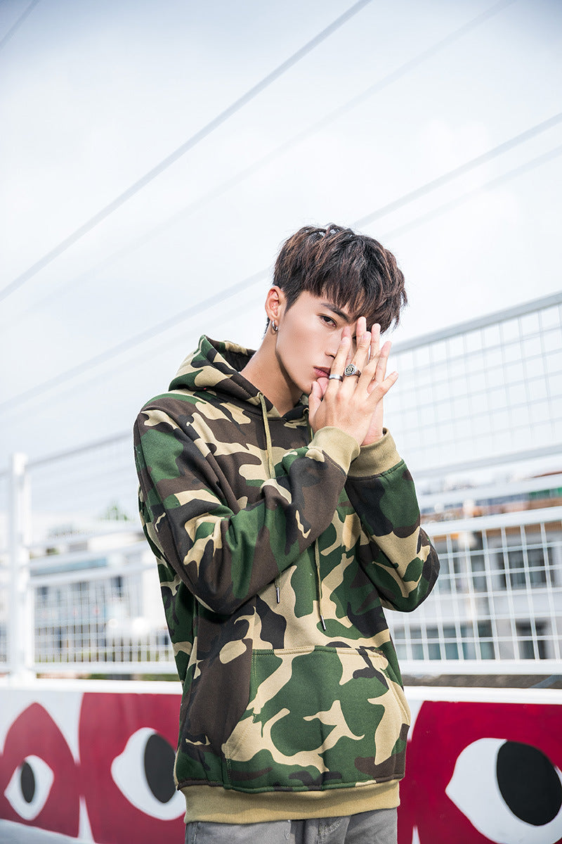 Camouflage Hoodie for Men, Pullover with Hood, Couple's Fleece-Lined Top, Loose Fit Jacket, Trendy, One-Piece, Casual Versatile