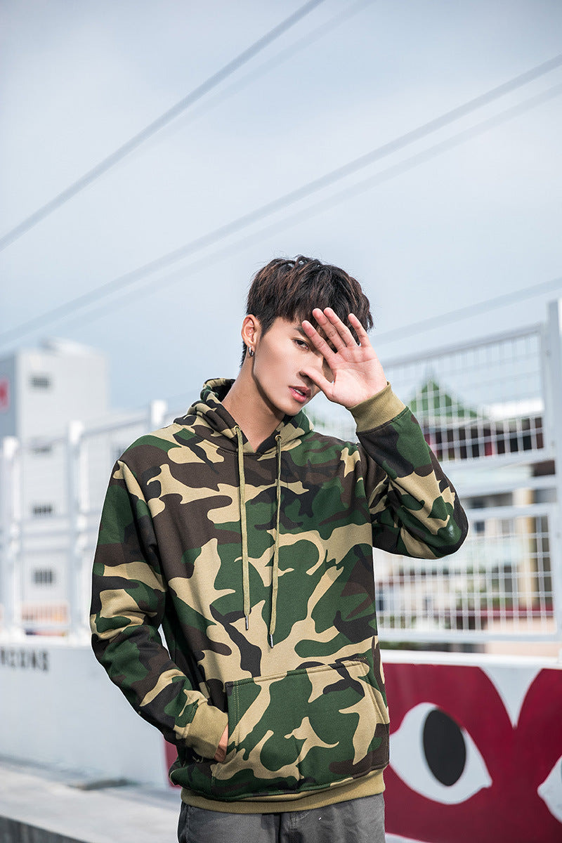 Camouflage Hoodie for Men, Pullover with Hood, Couple's Fleece-Lined Top, Loose Fit Jacket, Trendy, One-Piece, Casual Versatile