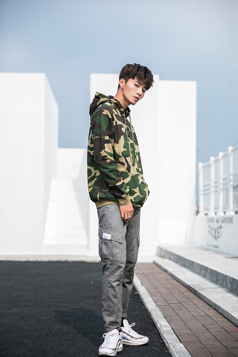 Camouflage Hoodie for Men, Pullover with Hood, Couple's Fleece-Lined Top, Loose Fit Jacket, Trendy, One-Piece, Casual Versatile