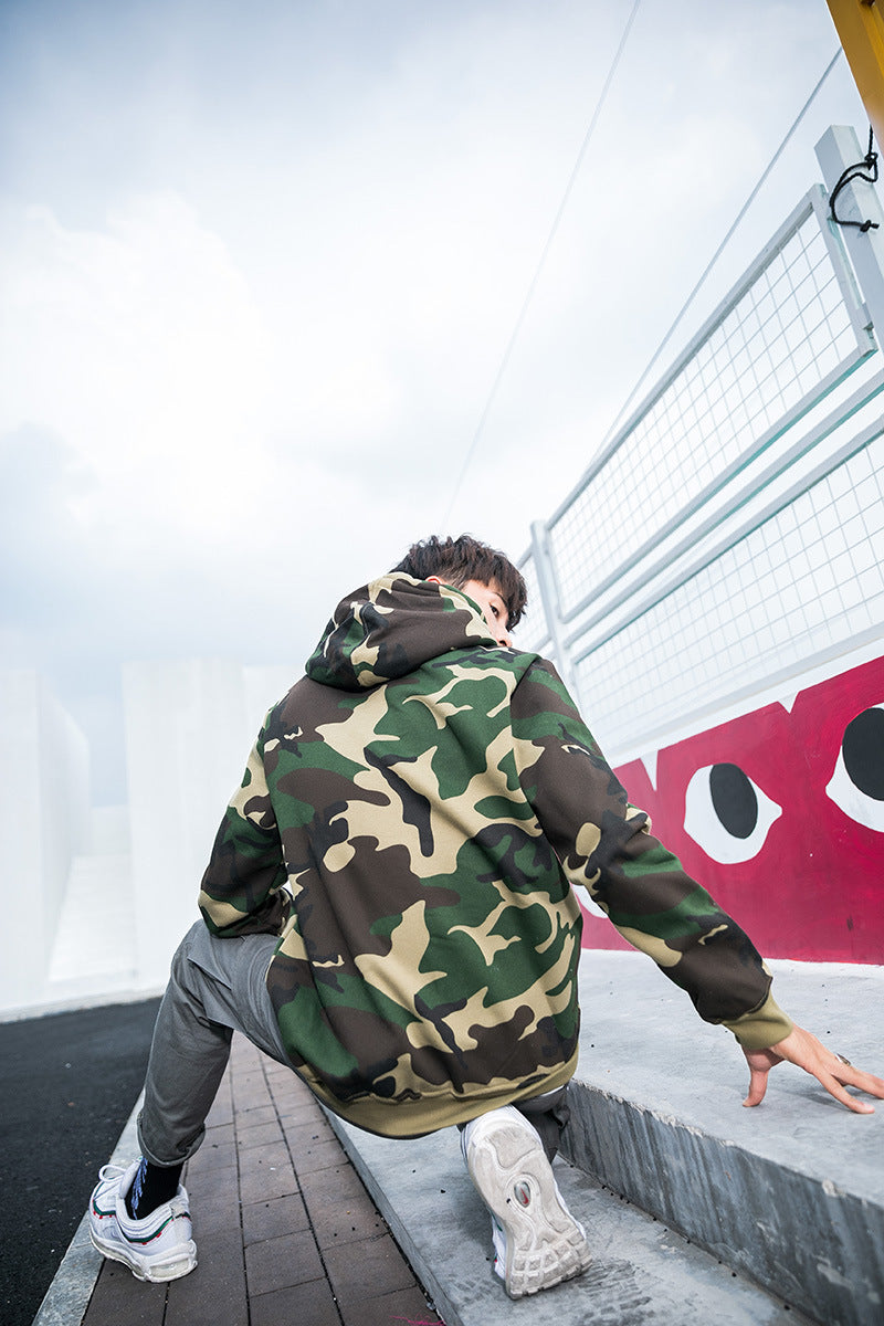 Camouflage Hoodie for Men, Pullover with Hood, Couple's Fleece-Lined Top, Loose Fit Jacket, Trendy, One-Piece, Casual Versatile
