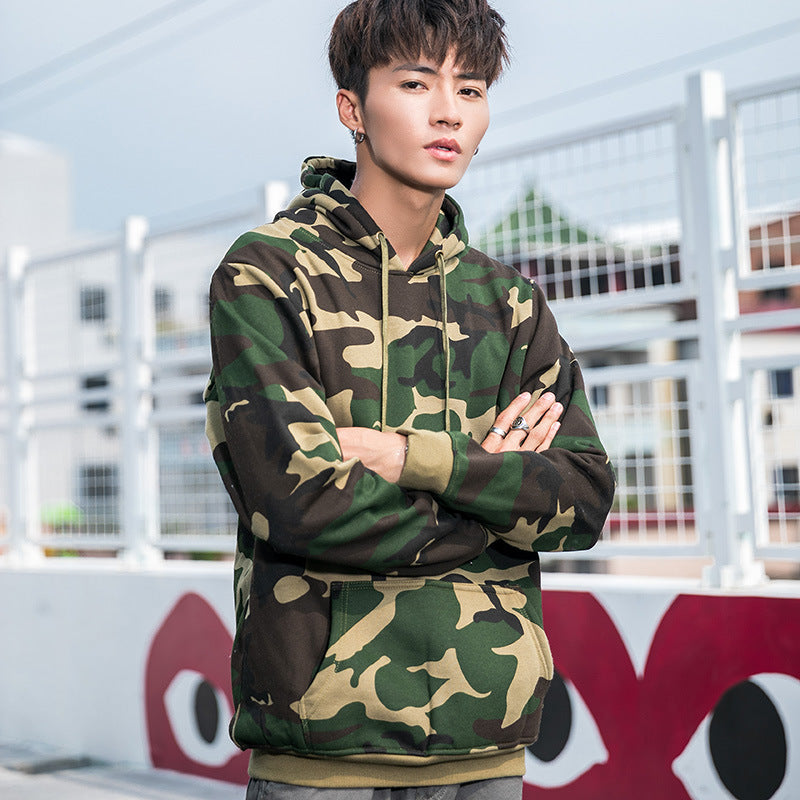 Camouflage Hoodie for Men, Pullover with Hood, Couple's Fleece-Lined Top, Loose Fit Jacket, Trendy, One-Piece, Casual Versatile
