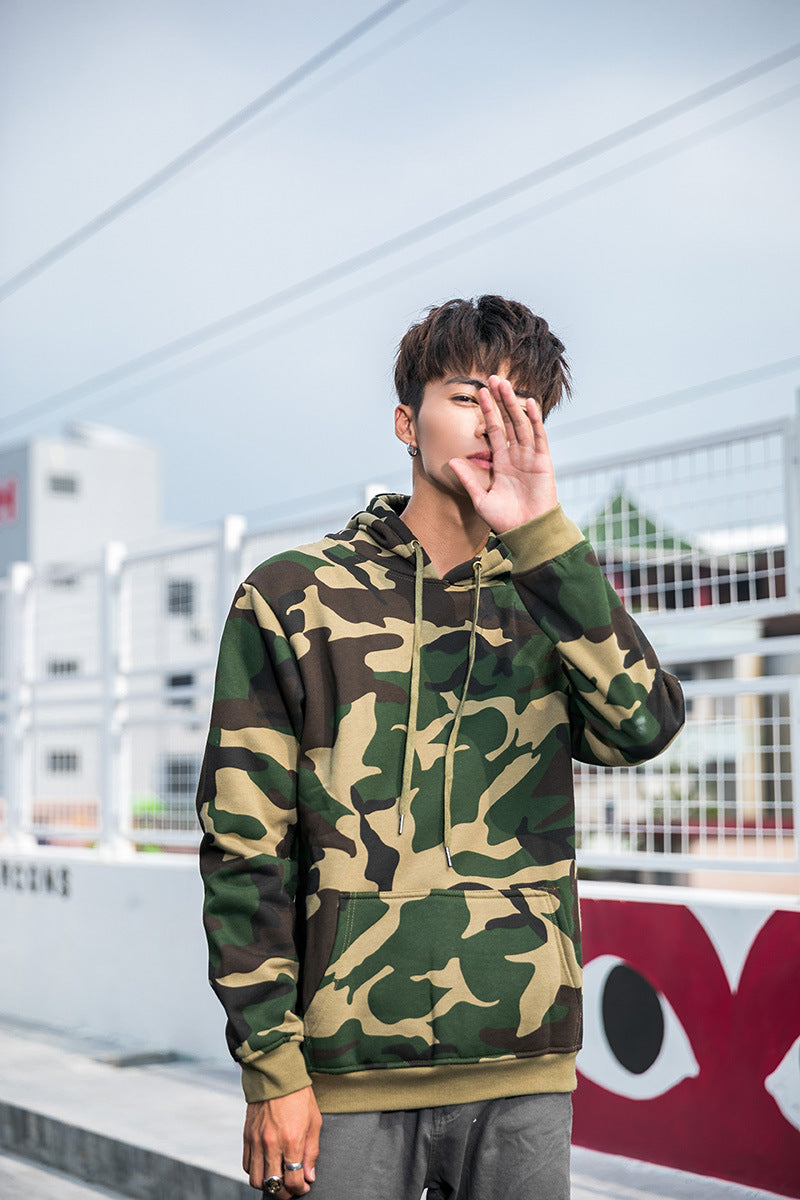 Camouflage Hoodie for Men, Pullover with Hood, Couple's Fleece-Lined Top, Loose Fit Jacket, Trendy, One-Piece, Casual Versatile