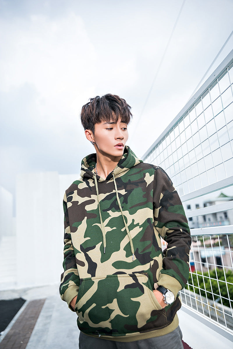 Camouflage Hoodie for Men, Pullover with Hood, Couple's Fleece-Lined Top, Loose Fit Jacket, Trendy, One-Piece, Casual Versatile