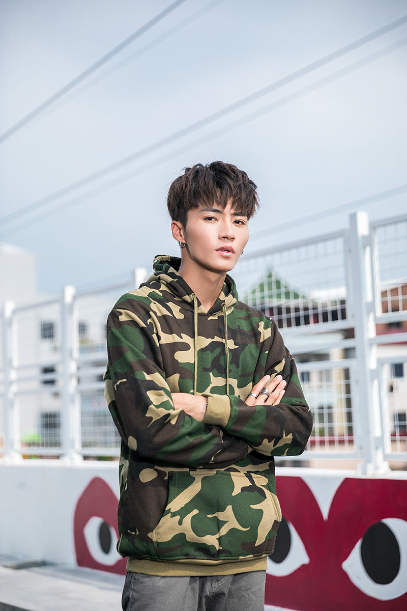 Camouflage Hoodie for Men, Pullover with Hood, Couple's Fleece-Lined Top, Loose Fit Jacket, Trendy, One-Piece, Casual Versatile
