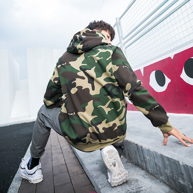 Camouflage Hoodie for Men, Pullover with Hood, Couple's Fleece-Lined Top, Loose Fit Jacket, Trendy, One-Piece, Casual Versatile