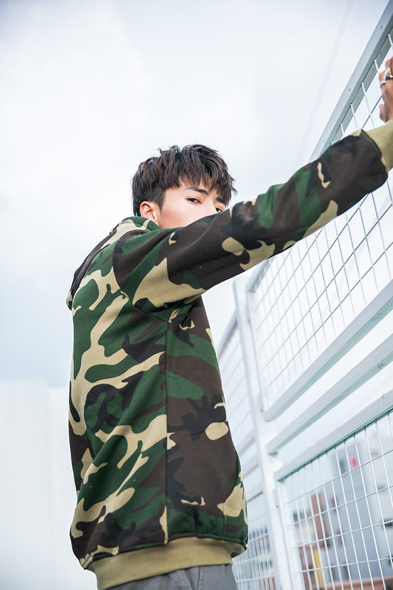 Camouflage Hoodie for Men, Pullover with Hood, Couple's Fleece-Lined Top, Loose Fit Jacket, Trendy, One-Piece, Casual Versatile