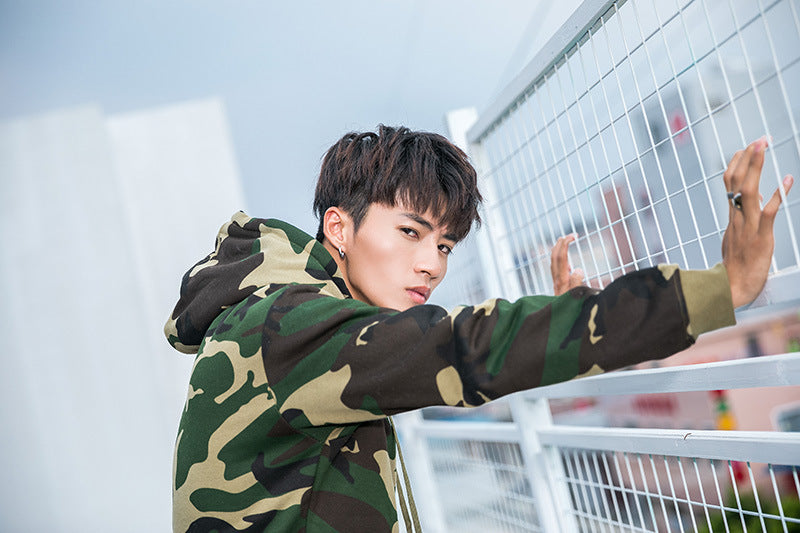 Camouflage Hoodie for Men, Pullover with Hood, Couple's Fleece-Lined Top, Loose Fit Jacket, Trendy, One-Piece, Casual Versatile