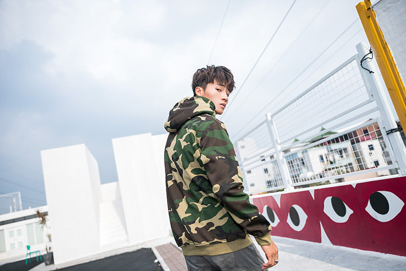Camouflage Hoodie for Men, Pullover with Hood, Couple's Fleece-Lined Top, Loose Fit Jacket, Trendy, One-Piece, Casual Versatile