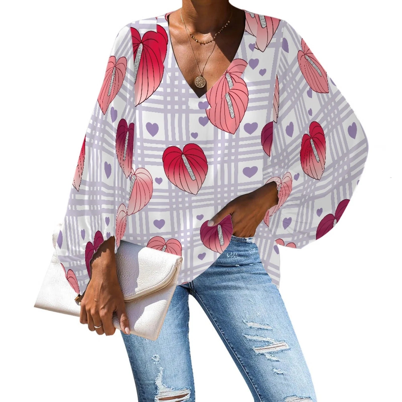 Custom Plus-size Chiffon Polyester Women's Tops Hawaiian Taro Leaf V-neck Long Lantern Sleeve Shirts Anti-shrink Feature