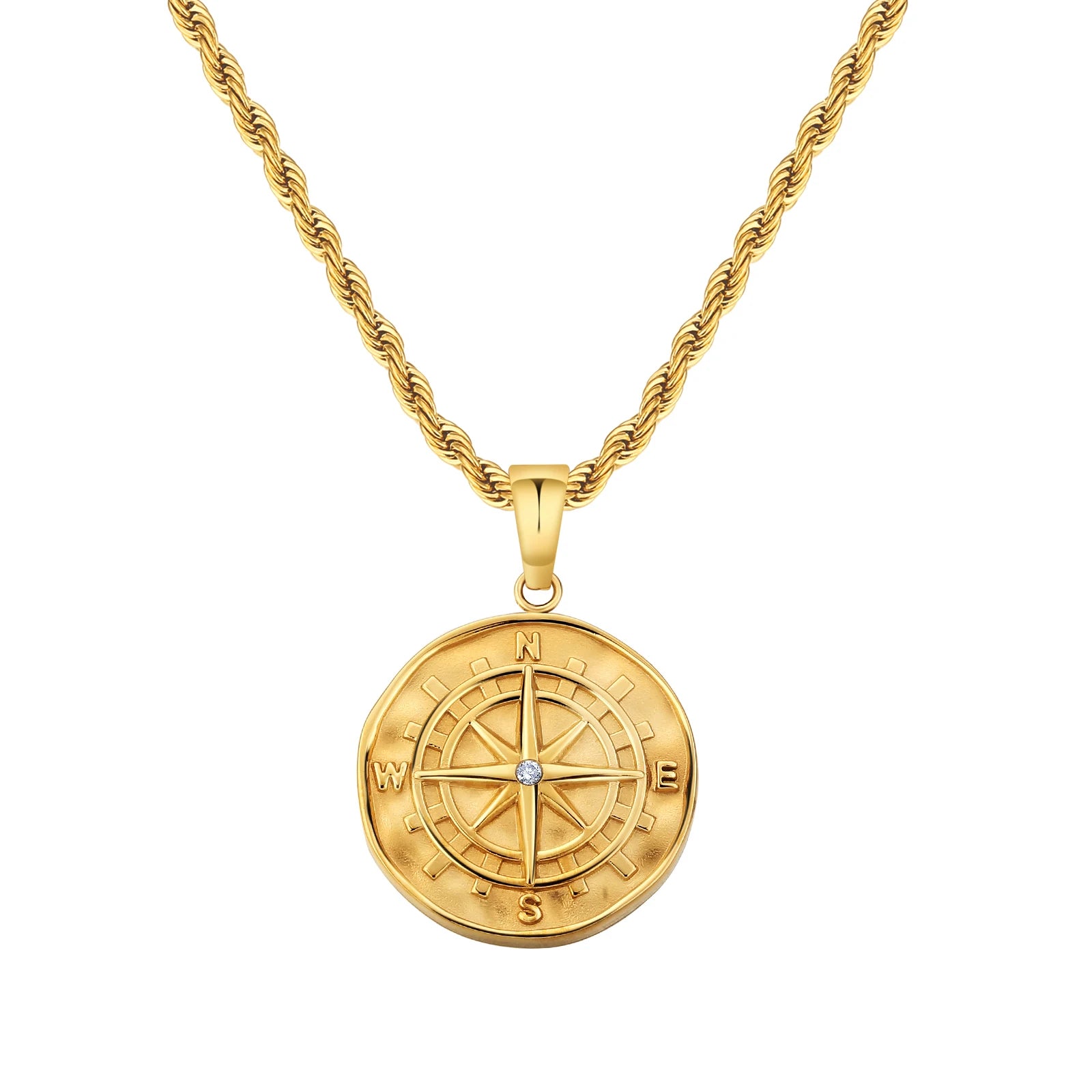 18K Real Gold Plated Compass Chain Iced Out Lion Animal Necklace Stainless Steel Jewelry Angel Ancient Coin Pendant Necklace