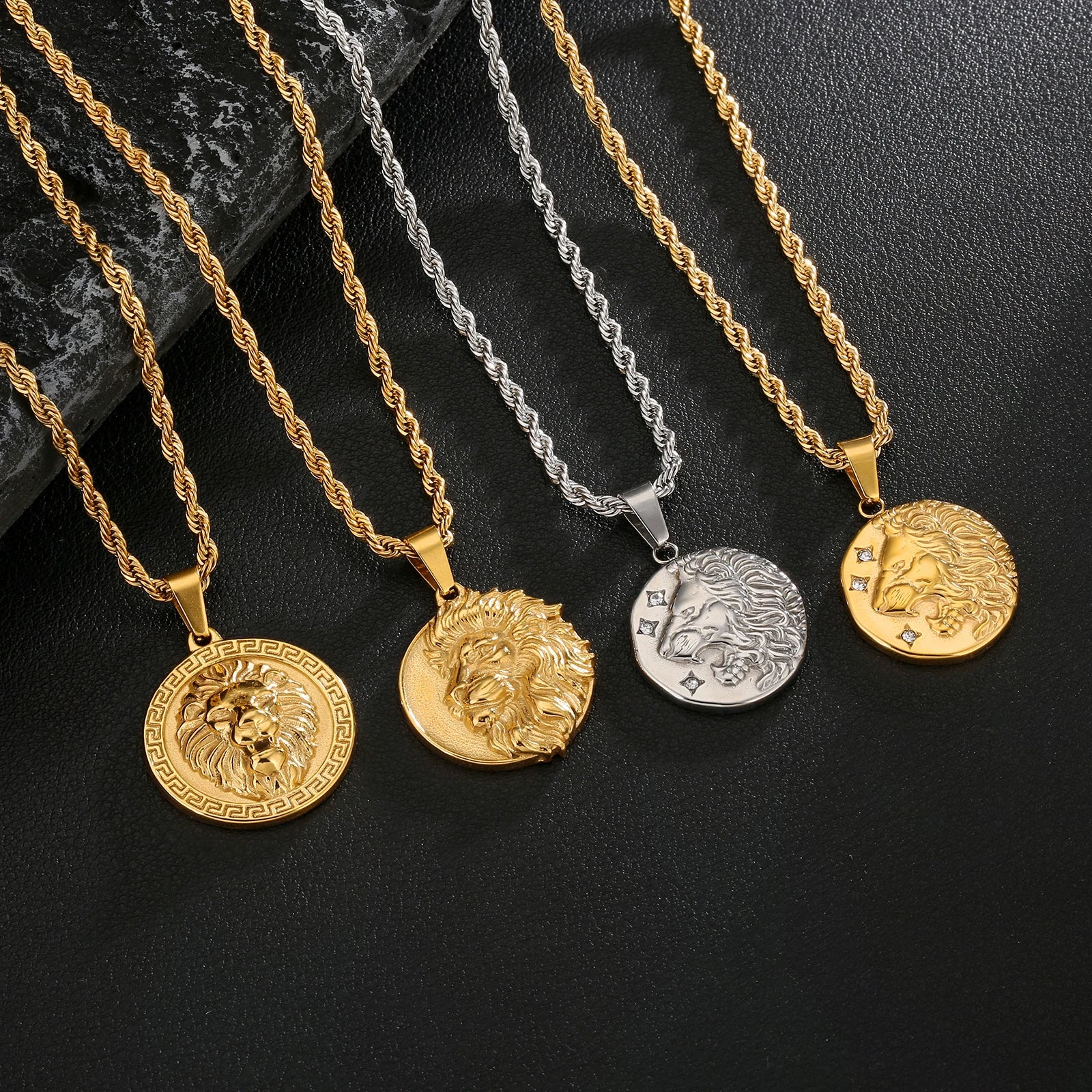 Coin Necklace 18K Gold Plated Compass Lion ST. CHRISTOPHER Jesus Cross Charm Stainless Steel Pendant Necklace for Women Men