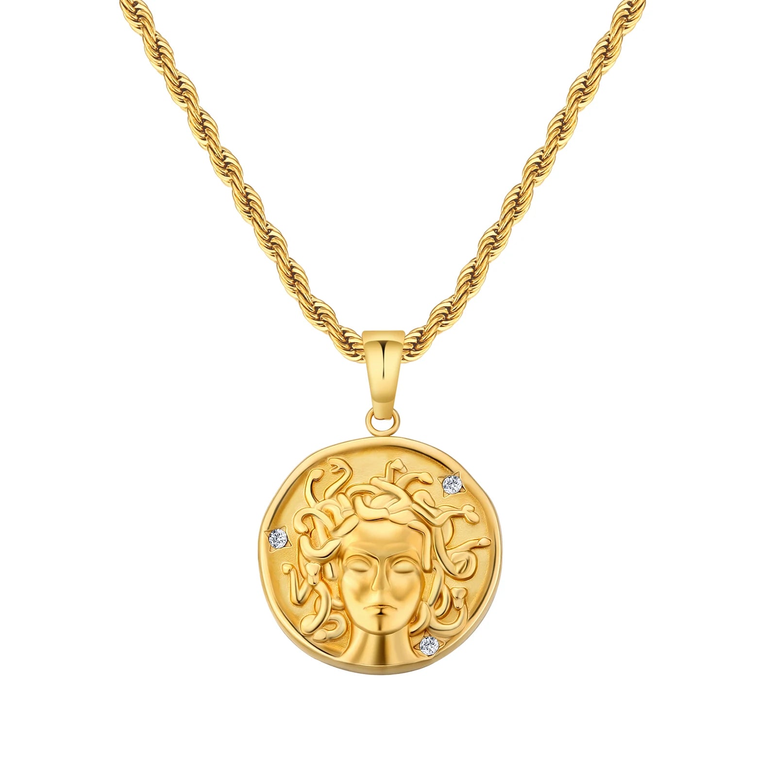 18K Real Gold Plated Compass Chain Iced Out Lion Animal Necklace Stainless Steel Jewelry Angel Ancient Coin Pendant Necklace