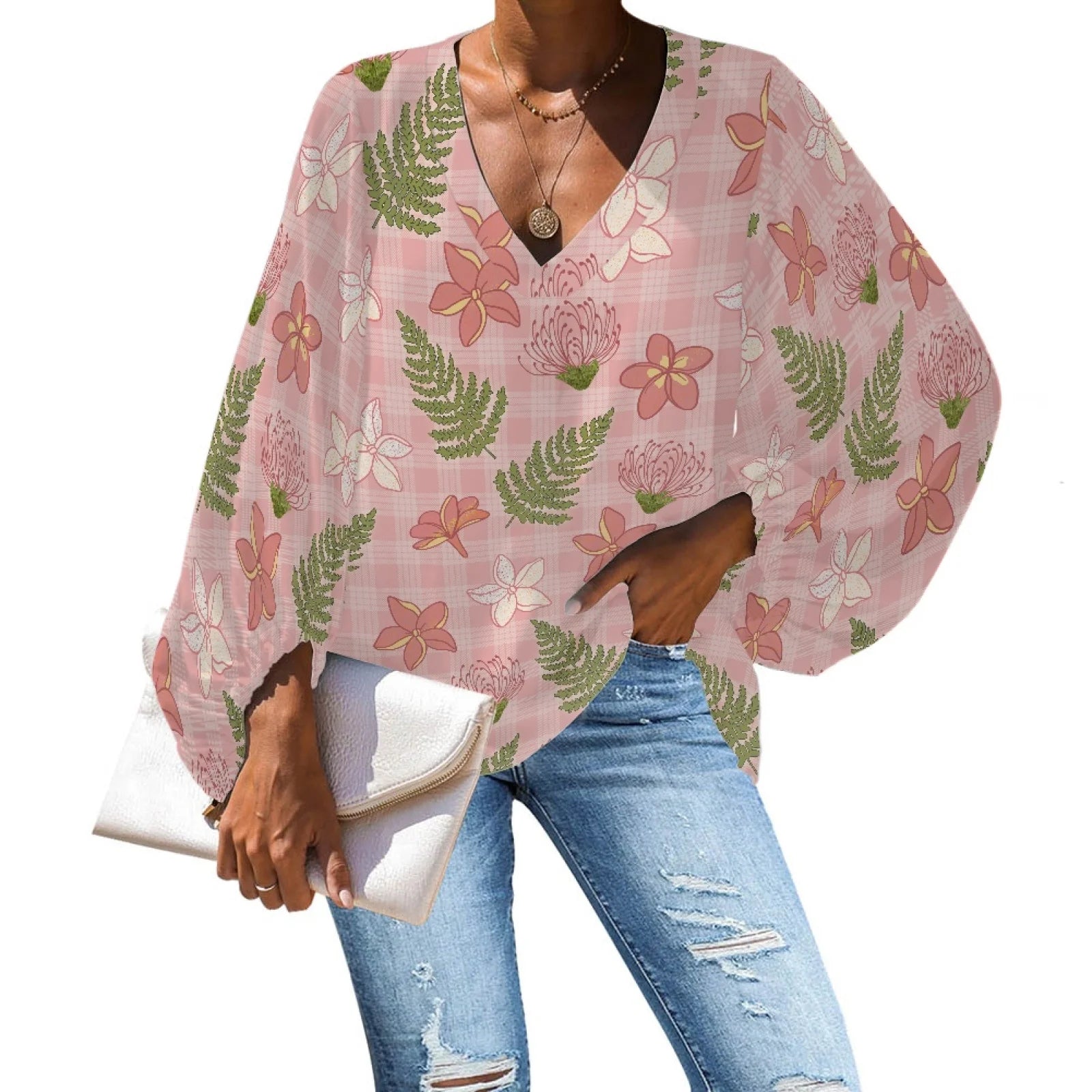Custom Chiffon Plus Size Polyester Women's Top Hawaiian Floral Print V-Neck Long Lantern Sleeve Shirt Print on Demand
