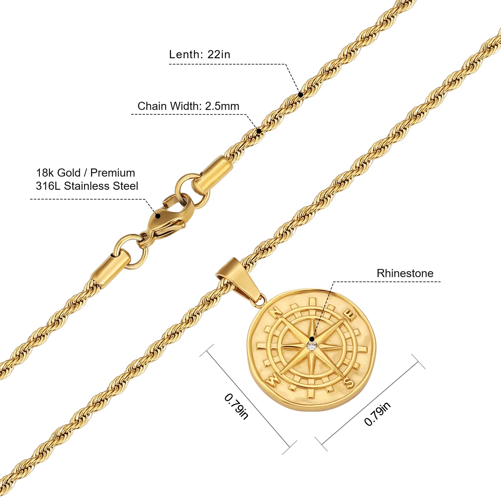 Customized Jewelry Loin Compass CHRISTOPHER Jesus Cross 18K Gold Plated Stainless Steel Pendant Gold Coin Necklace for Men Women