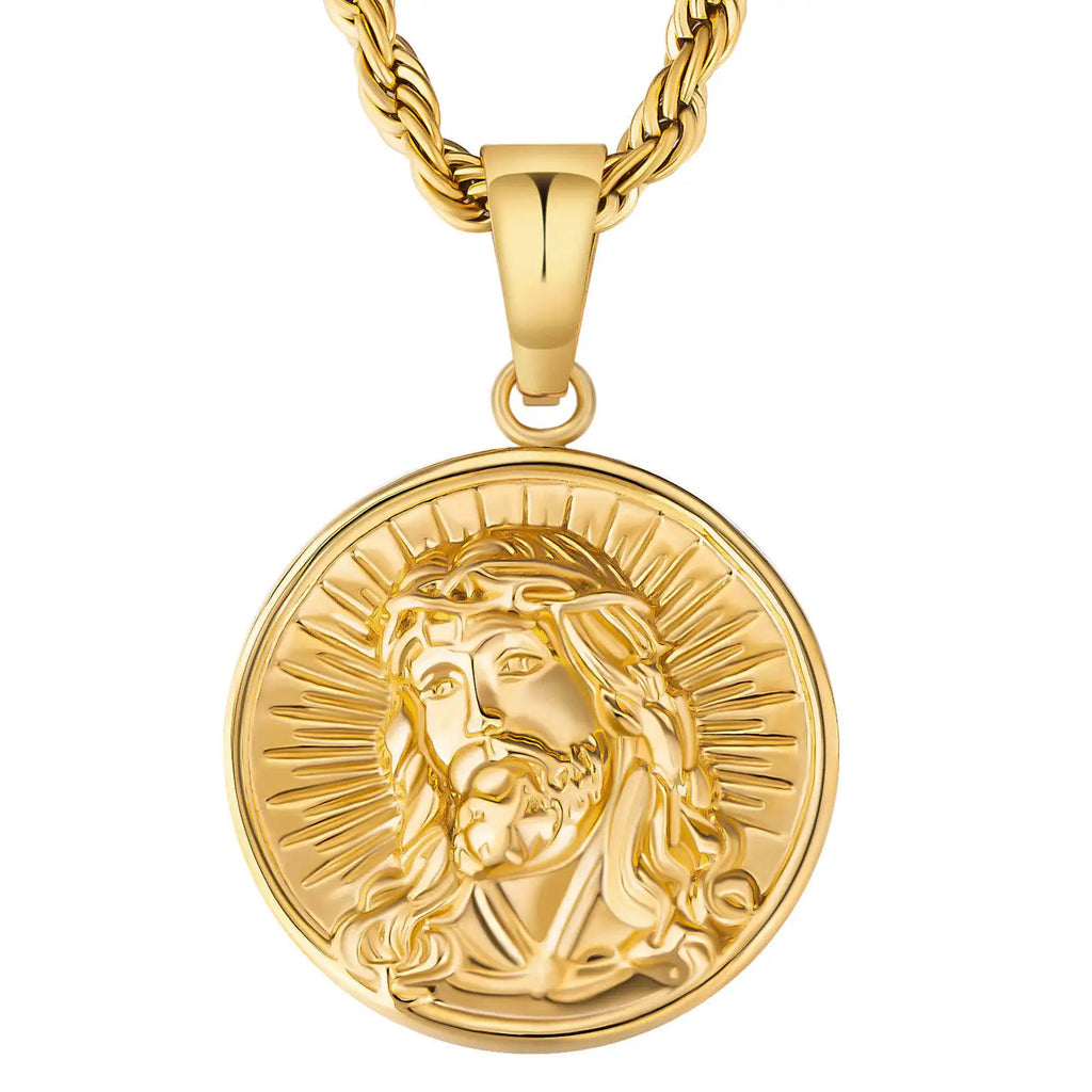 Coin Pendant Jesus St. Christopher Cross 18K Gold Plated Stainless Steel Men Women Gift Vintage Religious Crucifix Coin Necklace
