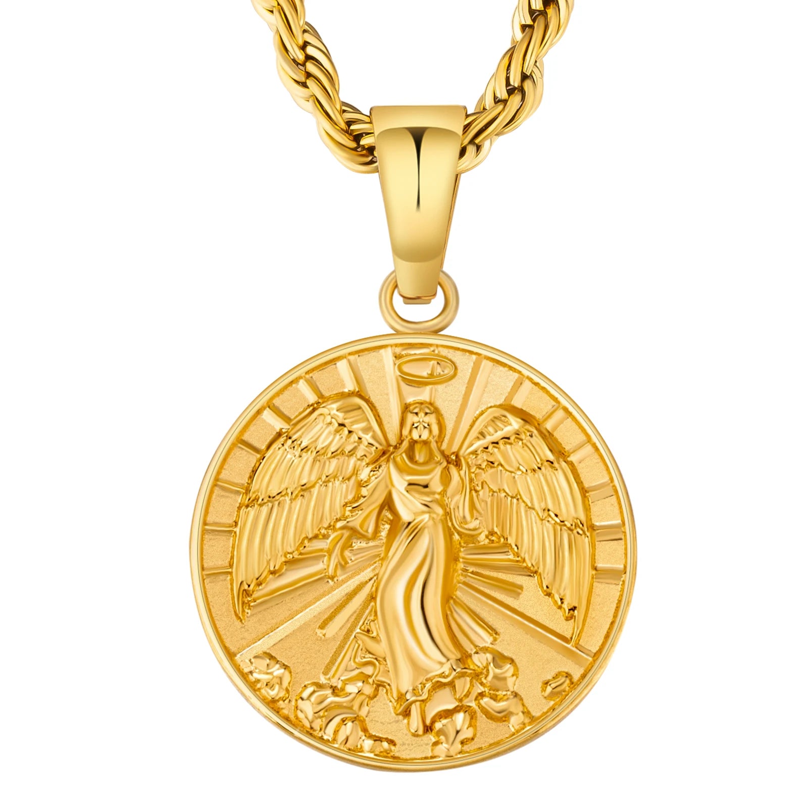 18K Real Gold Plated Compass Chain Iced Out Lion Animal Necklace Stainless Steel Jewelry Angel Ancient Coin Pendant Necklace