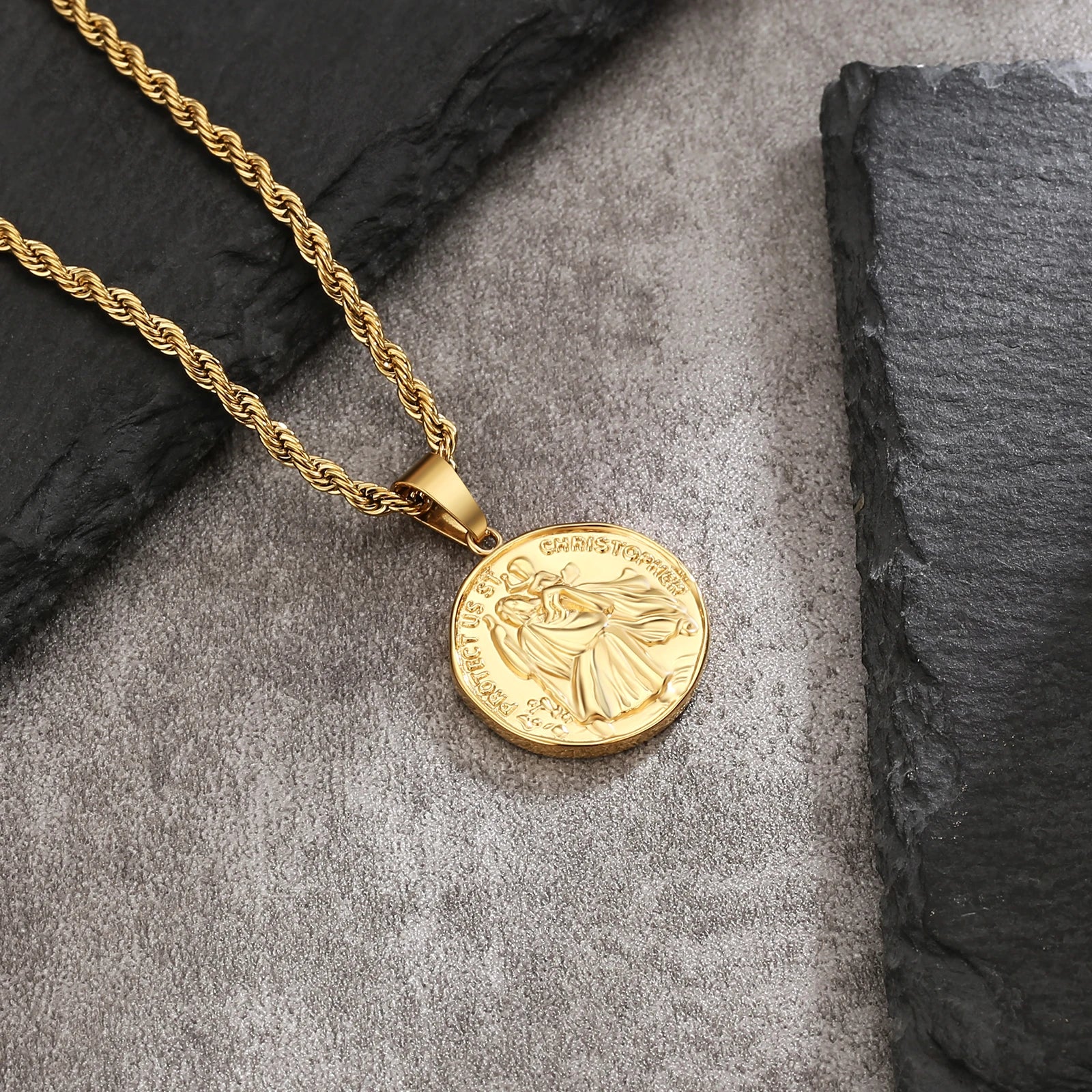 Coin Pendant Jesus St. Christopher Cross 18K Gold Plated Stainless Steel Men Women Gift Vintage Religious Crucifix Coin Necklace