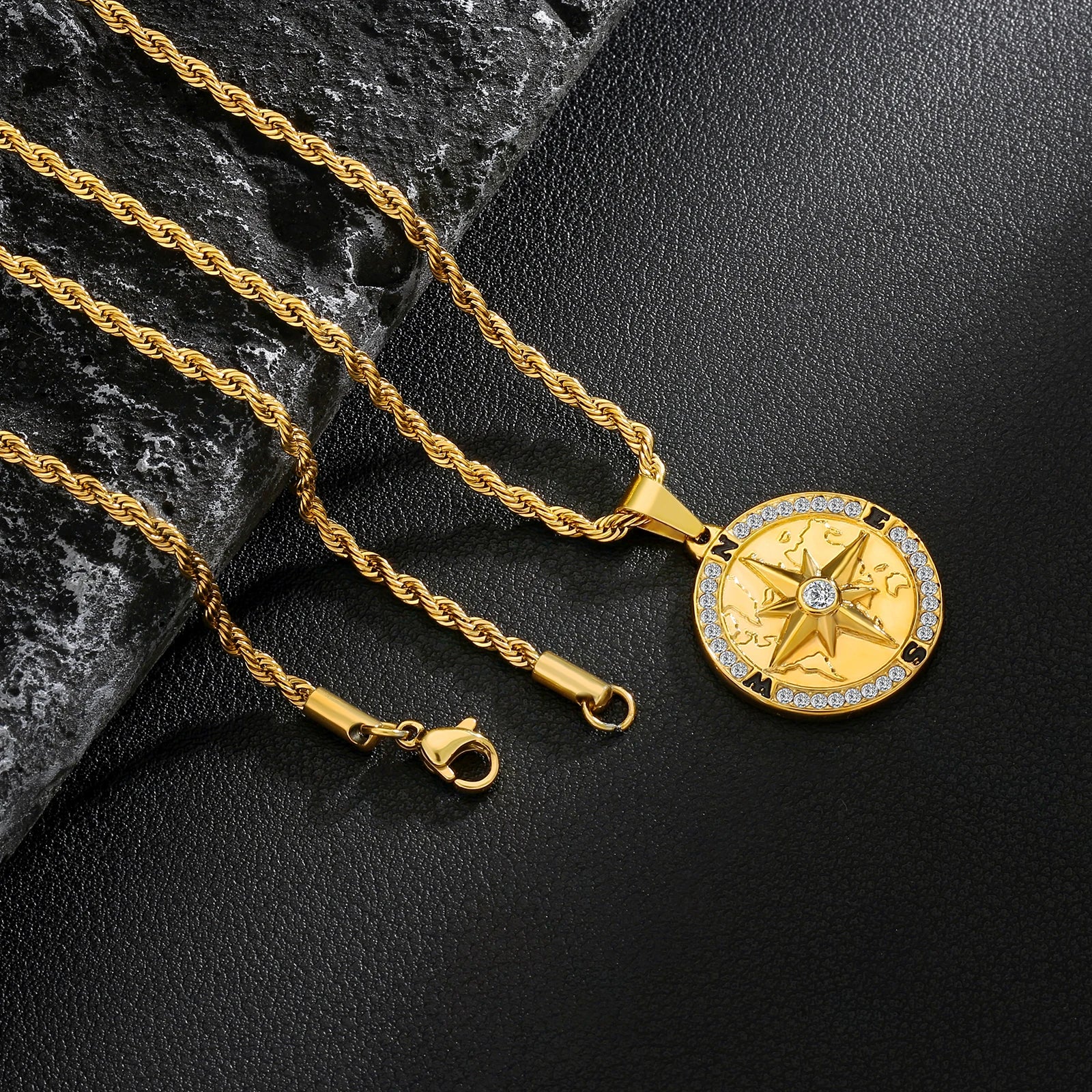 Customized Jewelry Loin Compass CHRISTOPHER Jesus Cross 18K Gold Plated Stainless Steel Pendant Gold Coin Necklace for Men Women