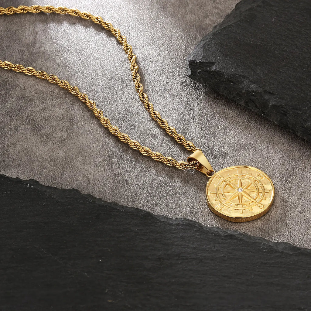 18K Real Gold Plated Compass Chain Iced Out Lion Animal Necklace Stainless Steel Jewelry Angel Ancient Coin Pendant Necklace