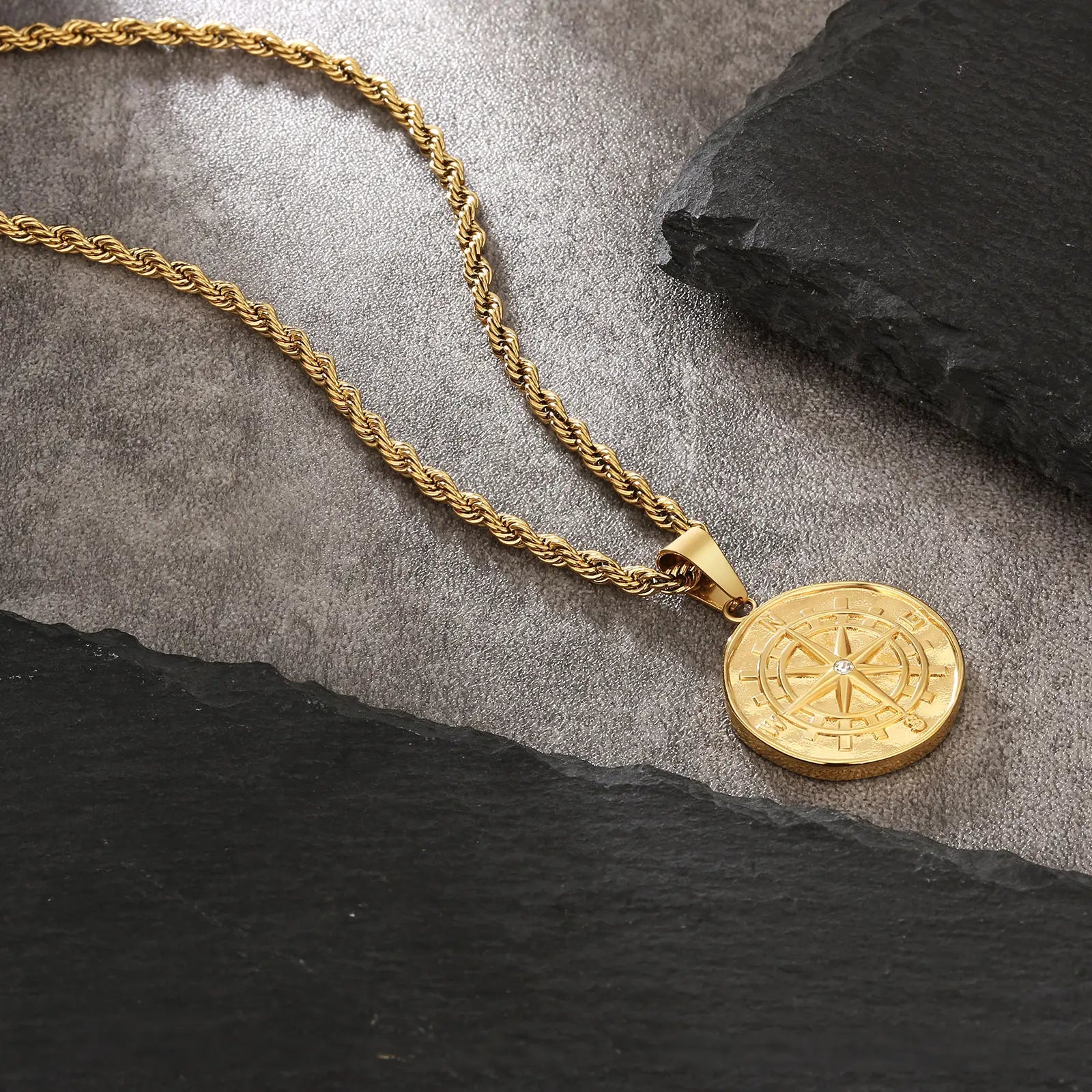 18K Real Gold Plated Compass Chain Iced Out Lion Animal Necklace Stainless Steel Jewelry Angel Ancient Coin Pendant Necklace