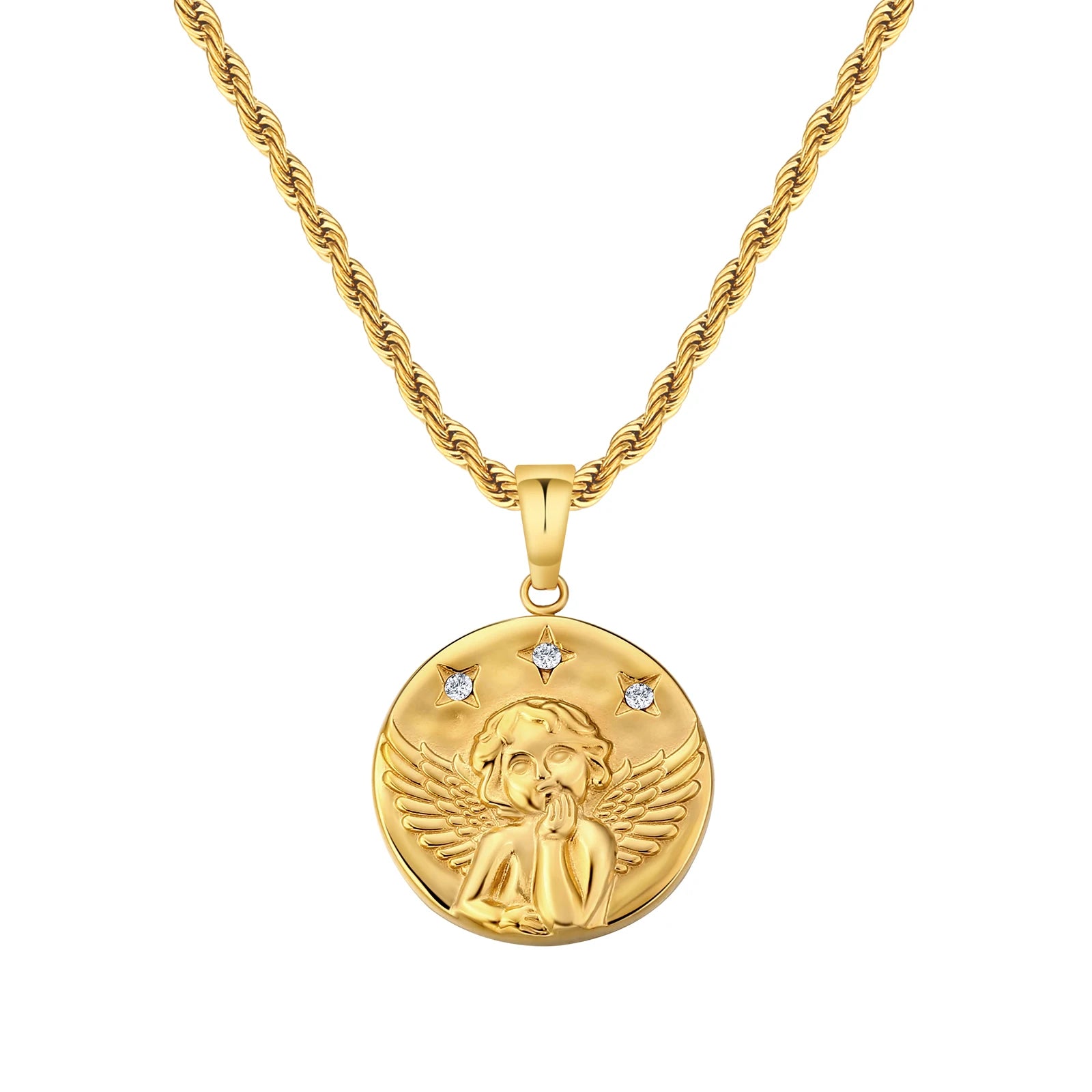 18K Real Gold Plated Compass Chain Iced Out Lion Animal Necklace Stainless Steel Jewelry Angel Ancient Coin Pendant Necklace