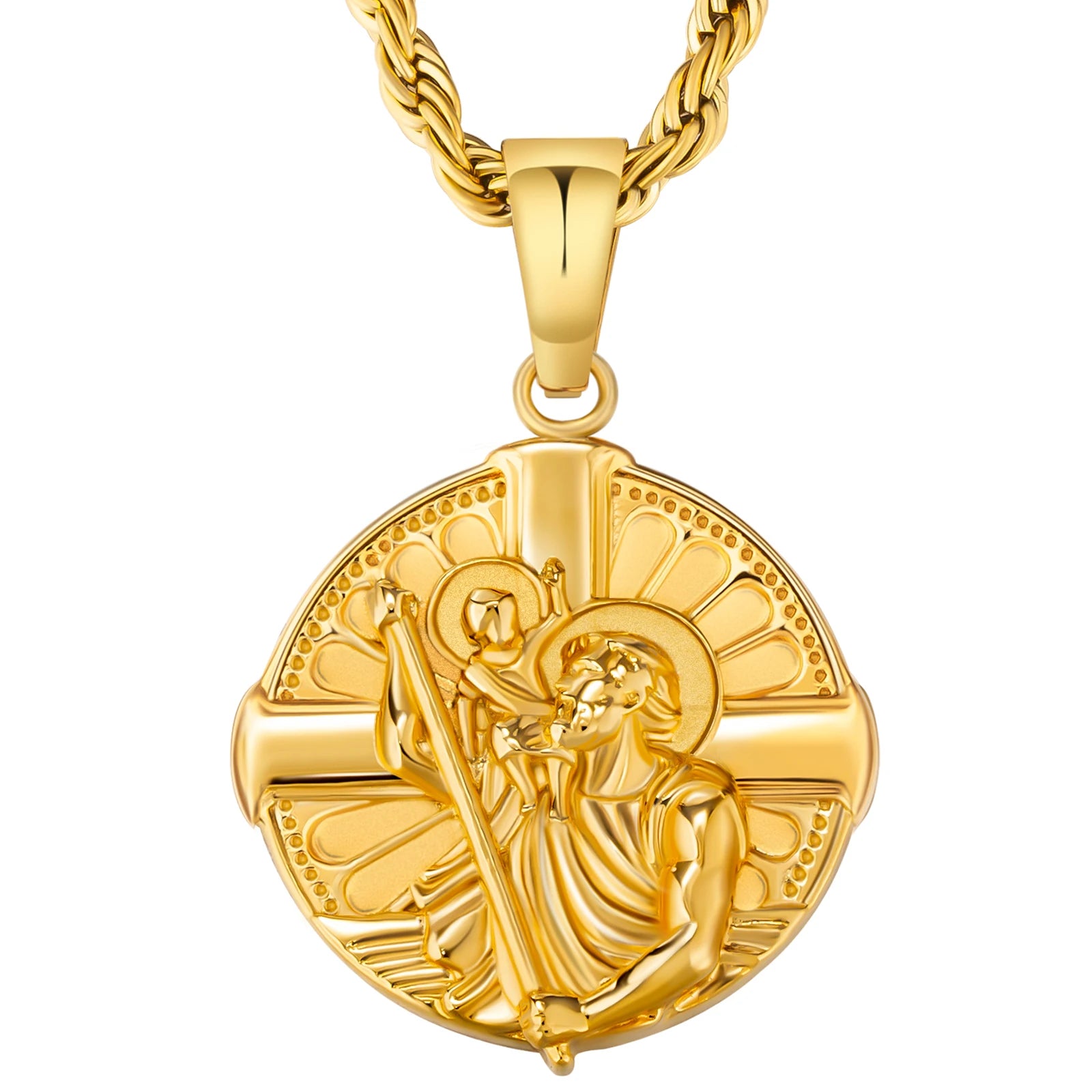 18K Real Gold Plated Compass Chain Iced Out Lion Animal Necklace Stainless Steel Jewelry Angel Ancient Coin Pendant Necklace