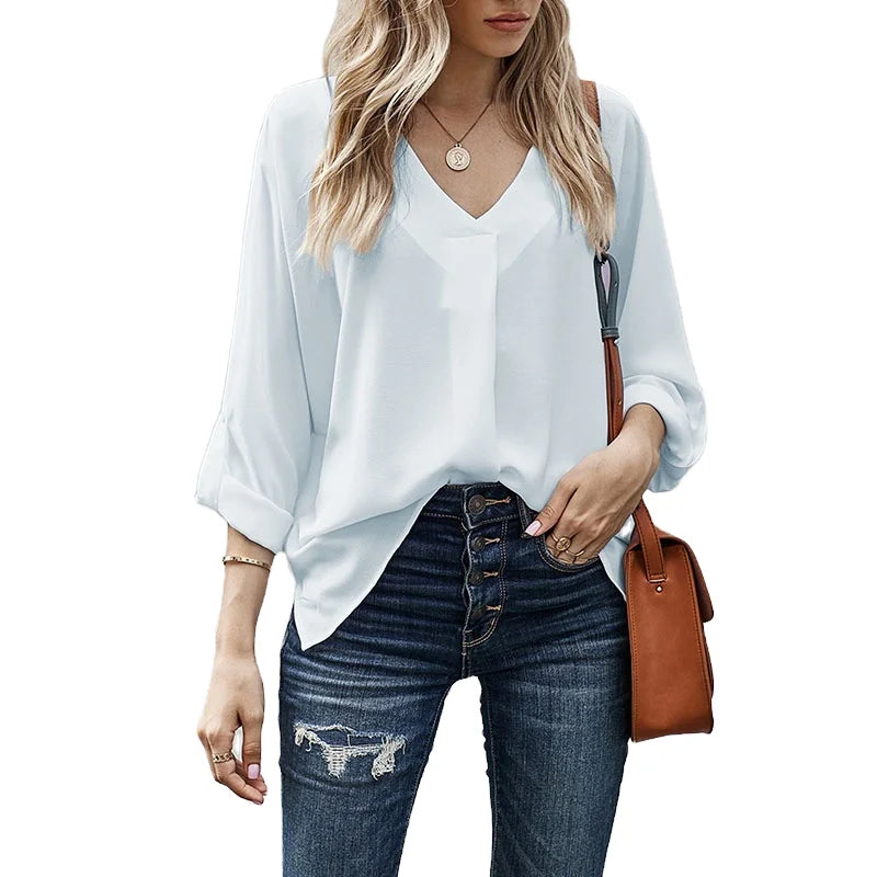 Chiffon Shirt 2025 Spring and Summer Sexy V-neck Loose Plus Size Shirt Fashion Long-sleeved Top