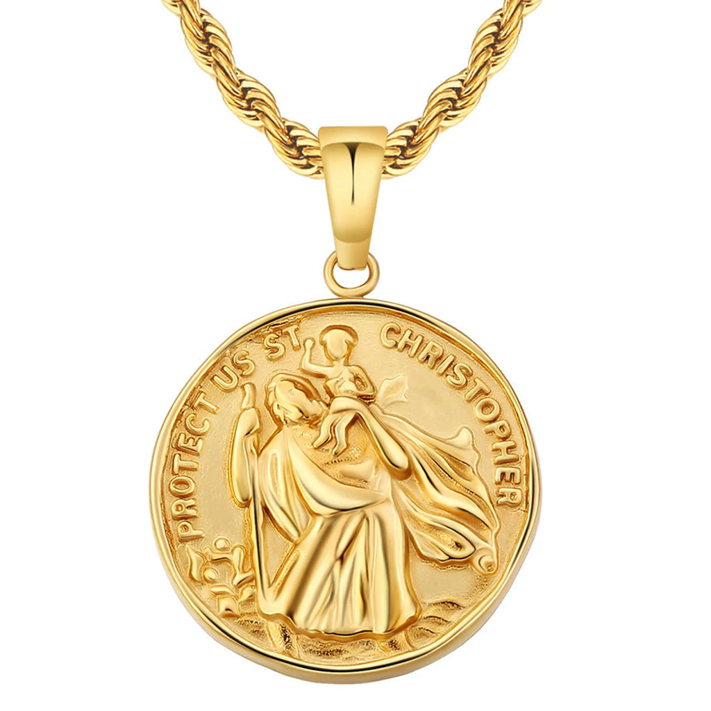 Coin Necklace 18K Gold Plated Compass Lion ST. CHRISTOPHER Jesus Cross Charm Stainless Steel Pendant Necklace for Women Men