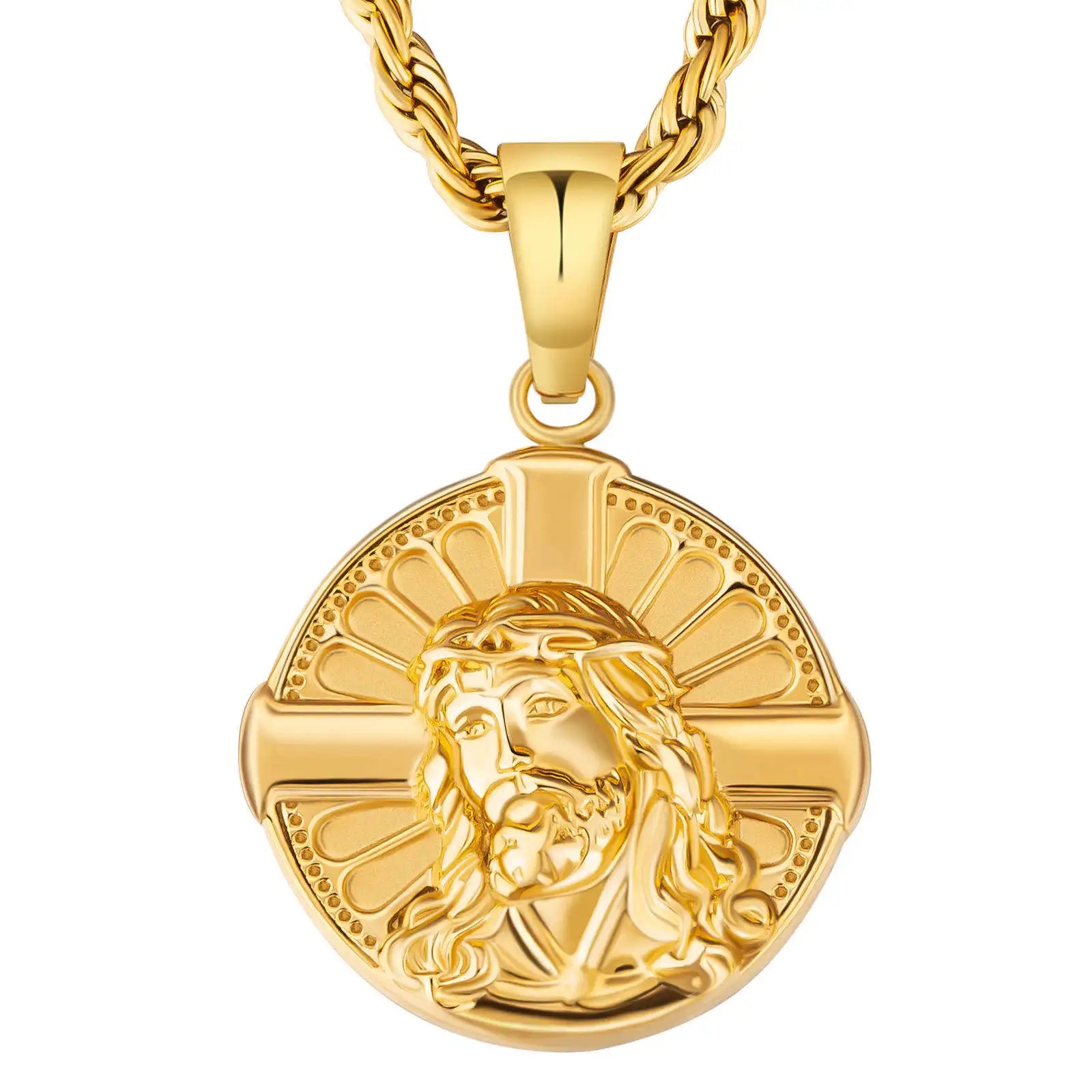 Customized Jewelry Loin Compass CHRISTOPHER Jesus Cross 18K Gold Plated Stainless Steel Pendant Gold Coin Necklace for Men Women