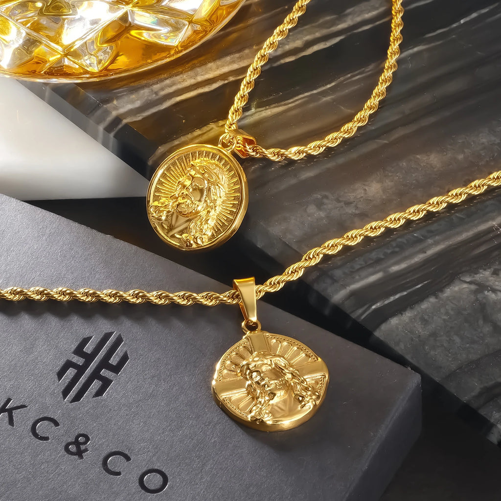 Coin Pendant Jesus St. Christopher Cross 18K Gold Plated Stainless Steel Men Women Gift Vintage Religious Crucifix Coin Necklace