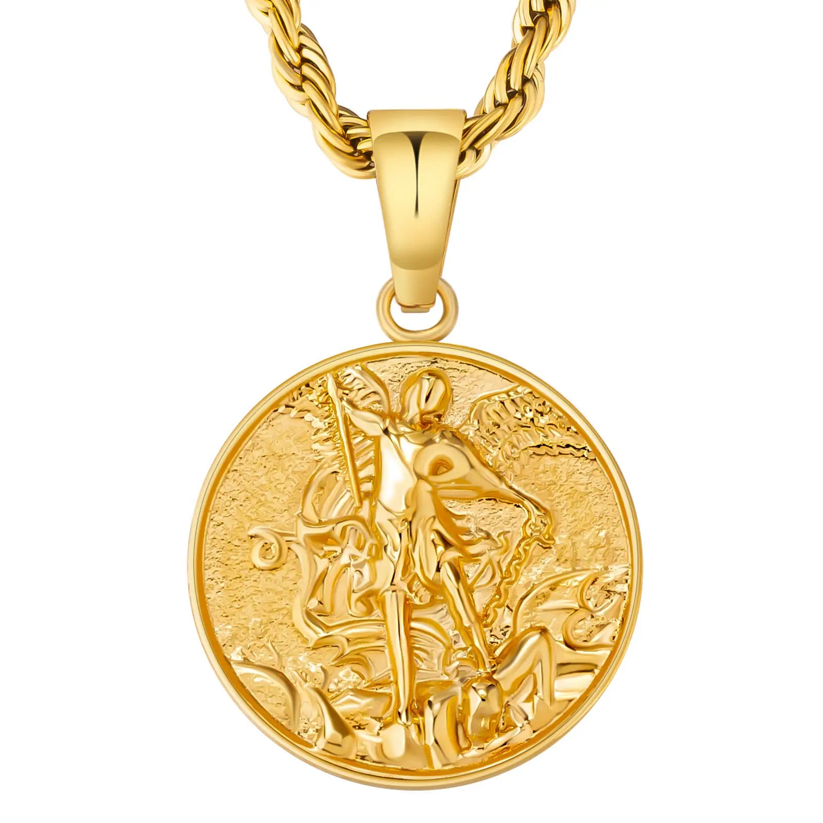 Customized Jewelry Loin Compass CHRISTOPHER Jesus Cross 18K Gold Plated Stainless Steel Pendant Gold Coin Necklace for Men Women