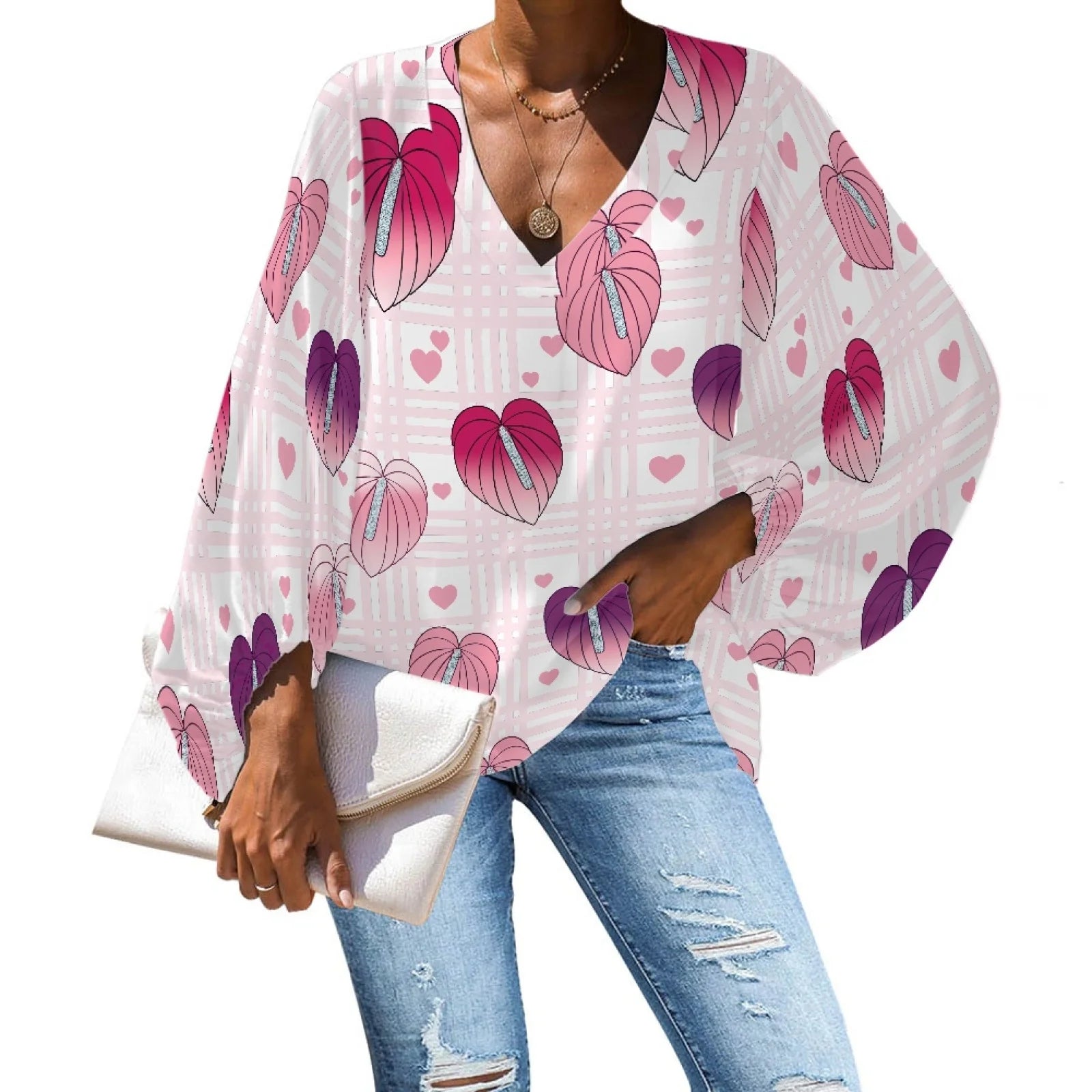 Custom Plus-size Chiffon Polyester Women's Tops Hawaiian Taro Leaf V-neck Long Lantern Sleeve Shirts Anti-shrink Feature