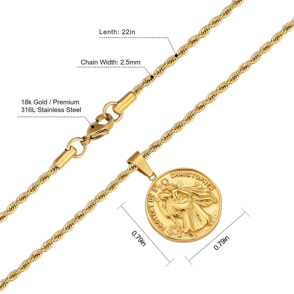 18k Gold Plated ST. CHRISTOPHER Coin Pendant Engraved Stainless Steel Coin Necklace Round Women Men Gold Coin Pendant Necklace