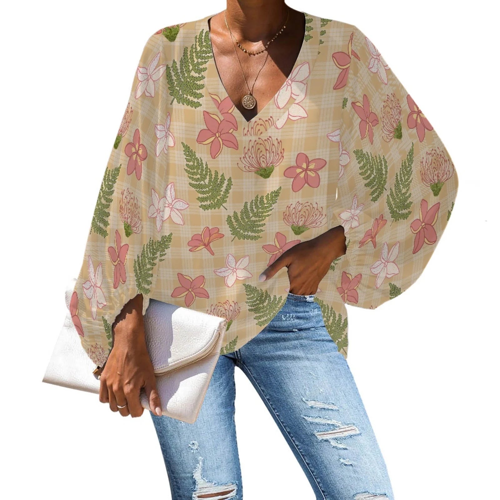Custom Chiffon Plus Size Polyester Women's Top Hawaiian Floral Print V-Neck Long Lantern Sleeve Shirt Print on Demand