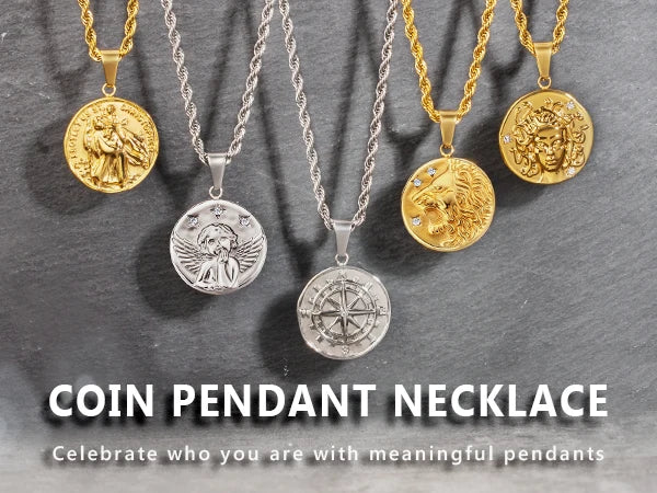 18k Gold Plated ST. CHRISTOPHER Coin Pendant Engraved Stainless Steel Coin Necklace Round Women Men Gold Coin Pendant Necklace