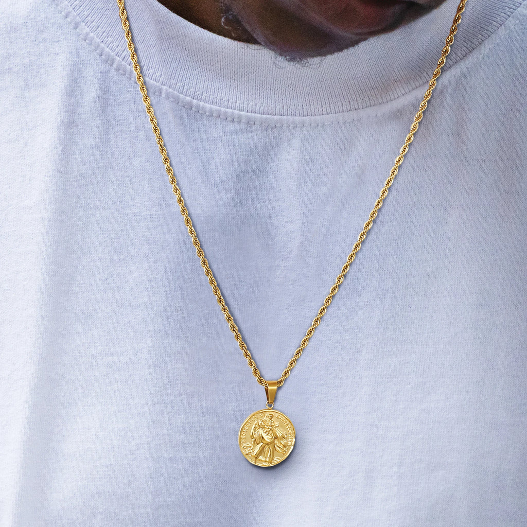 Coin Necklace 18K Gold Plated Compass Lion ST. CHRISTOPHER Jesus Cross Charm Stainless Steel Pendant Necklace for Women Men