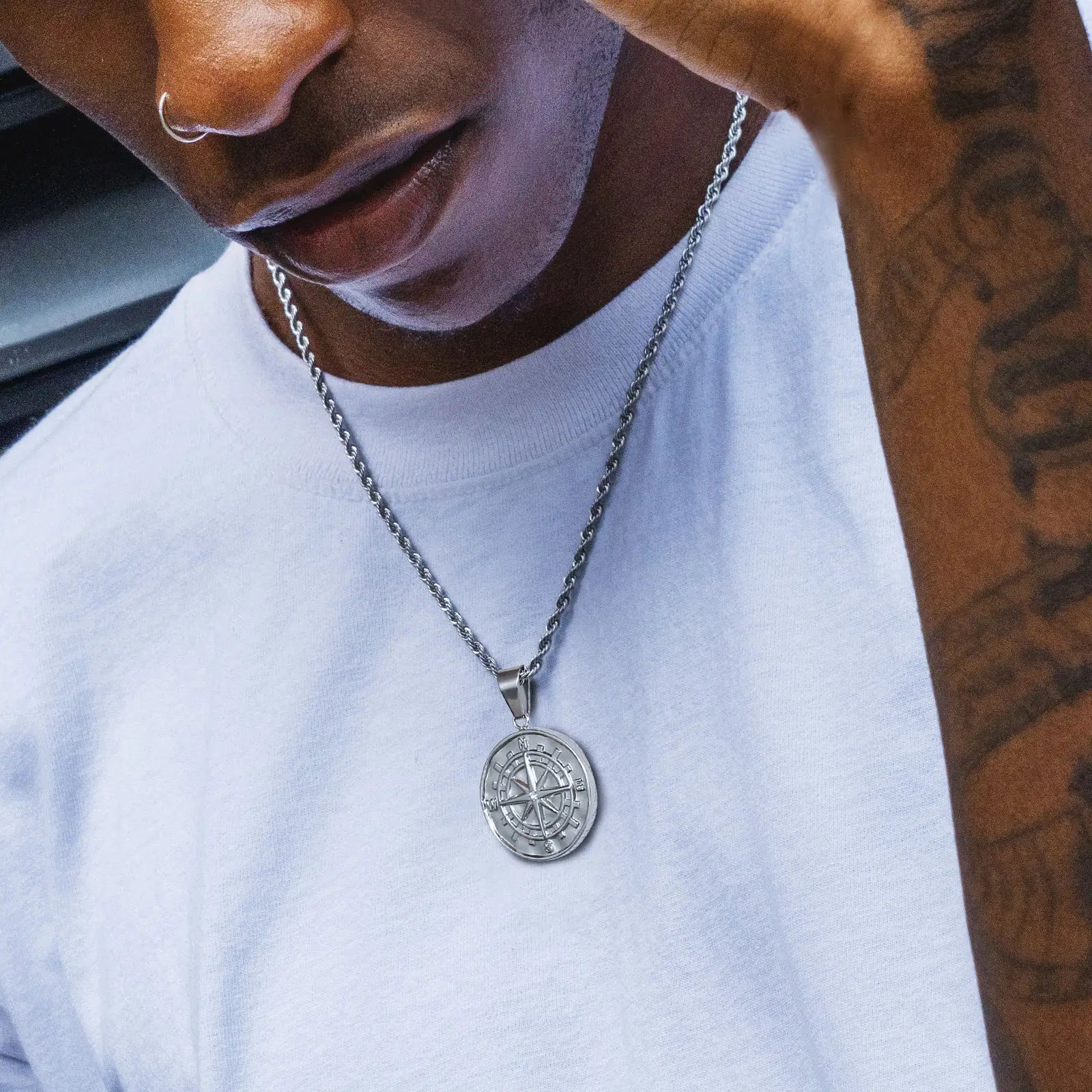 18K Real Gold Plated Compass Chain Iced Out Lion Animal Necklace Stainless Steel Jewelry Angel Ancient Coin Pendant Necklace