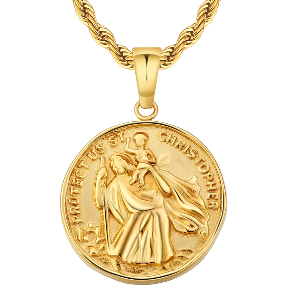 18k Gold Plated ST. CHRISTOPHER Coin Pendant Engraved Stainless Steel Coin Necklace Round Women Men Gold Coin Pendant Necklace