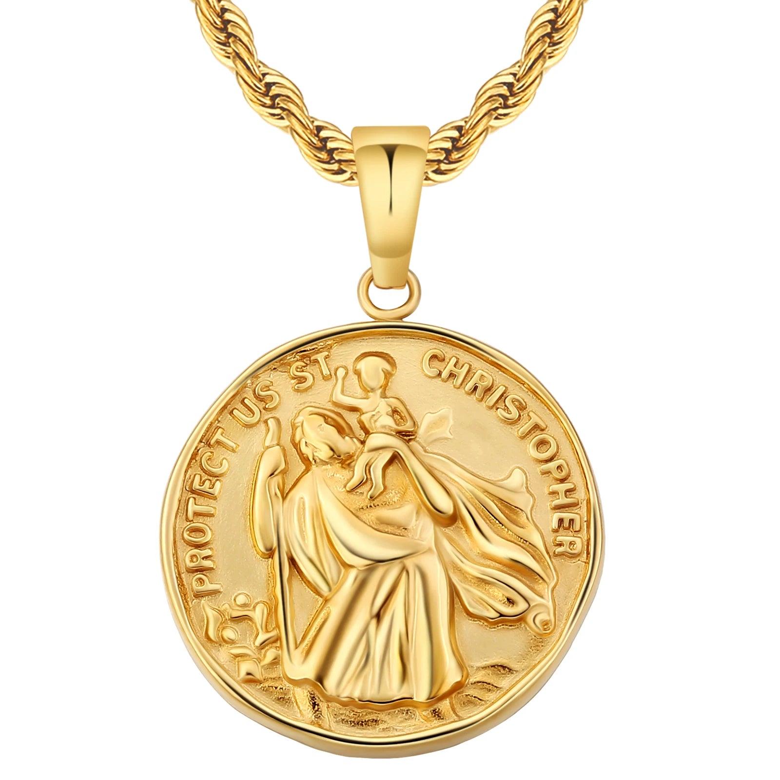 18k Gold Plated ST. CHRISTOPHER Coin Pendant Engraved Stainless Steel Coin Necklace Round Women Men Gold Coin Pendant Necklace