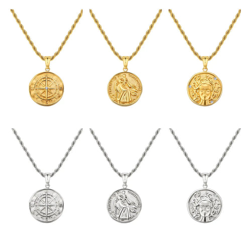 18K Real Gold Plated Compass Chain Iced Out Lion Animal Necklace Stainless Steel Jewelry Angel Ancient Coin Pendant Necklace