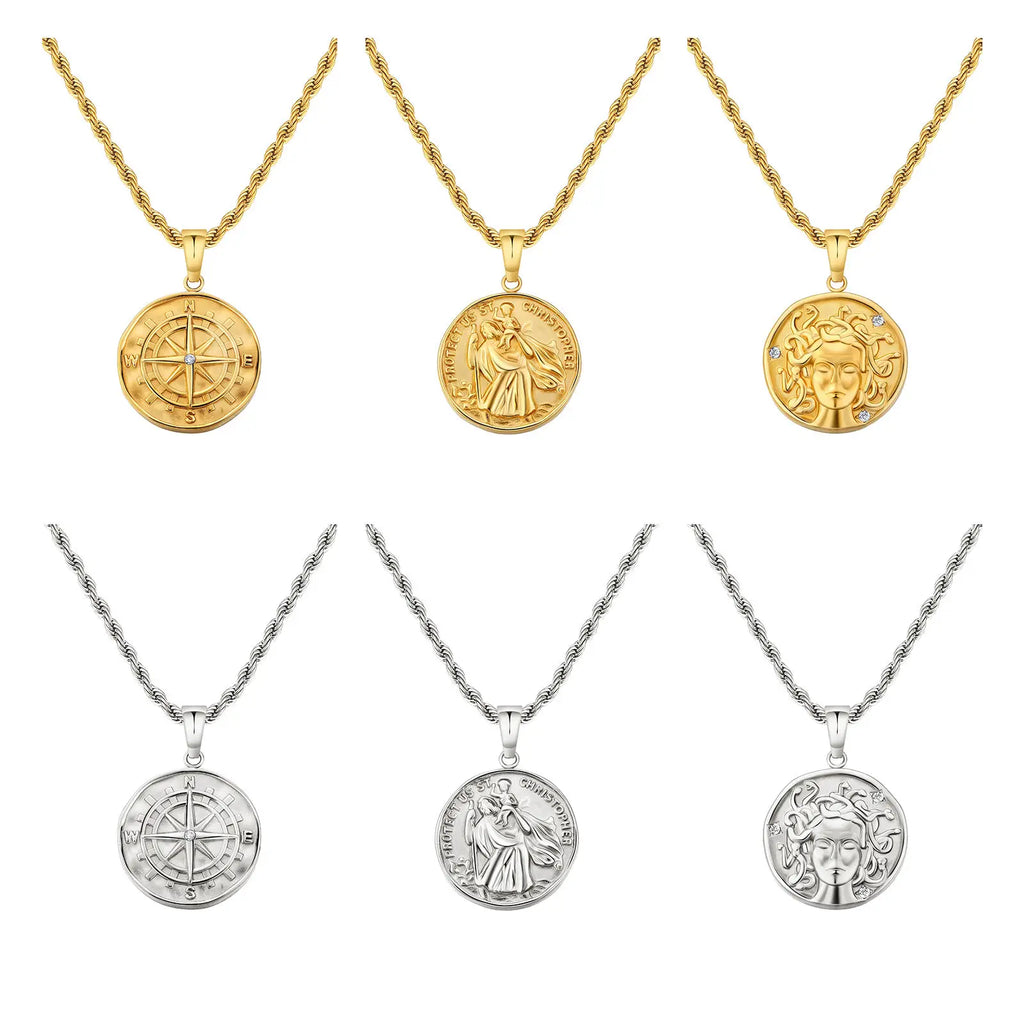 18K Real Gold Plated Compass Chain Iced Out Lion Animal Necklace Stainless Steel Jewelry Angel Ancient Coin Pendant Necklace