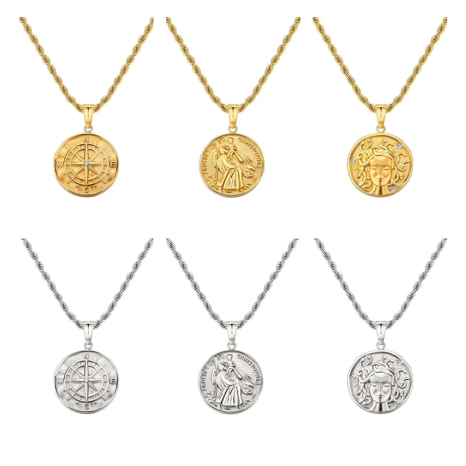 18K Real Gold Plated Compass Chain Iced Out Lion Animal Necklace Stainless Steel Jewelry Angel Ancient Coin Pendant Necklace
