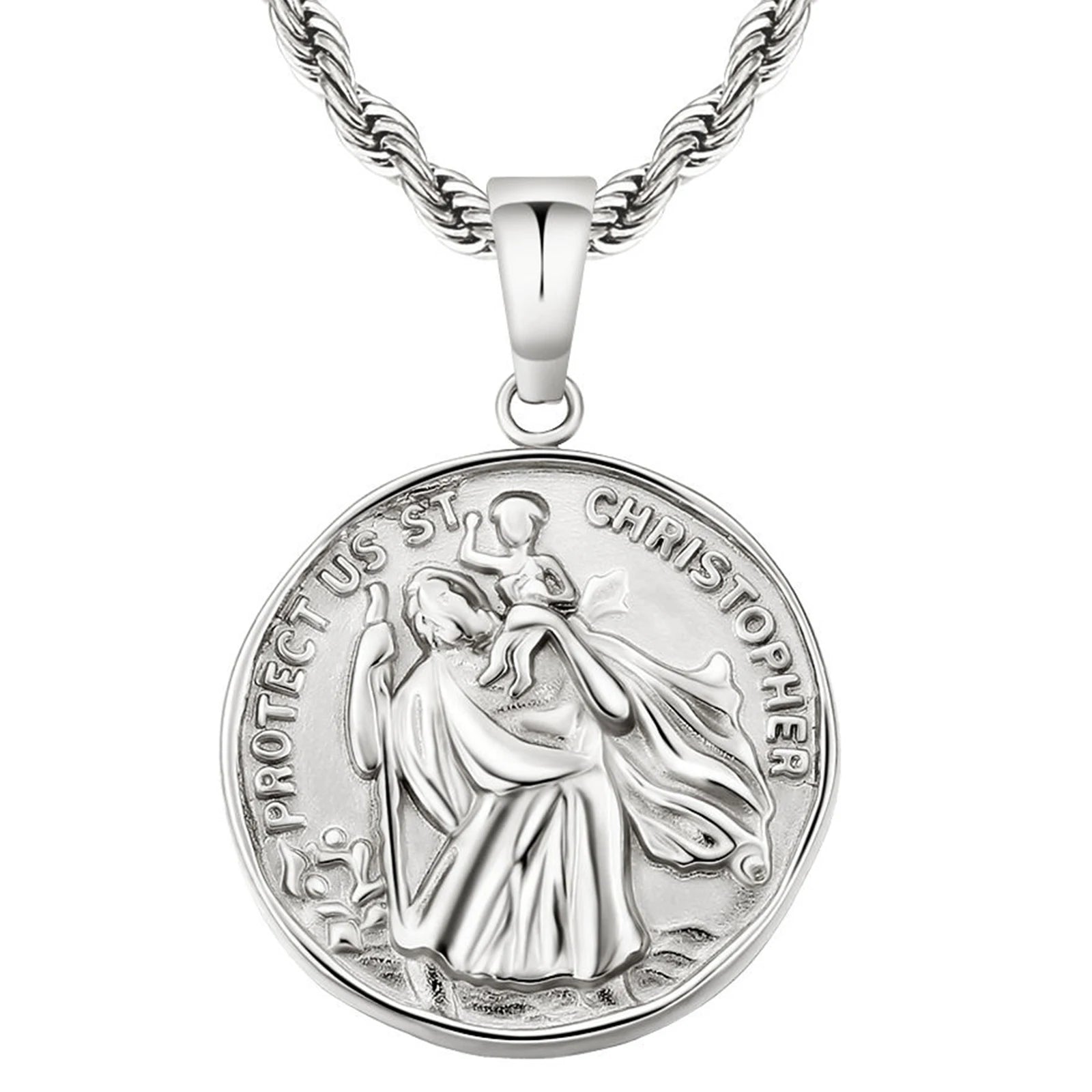 18k Gold Plated ST. CHRISTOPHER Coin Pendant Engraved Stainless Steel Coin Necklace Round Women Men Gold Coin Pendant Necklace