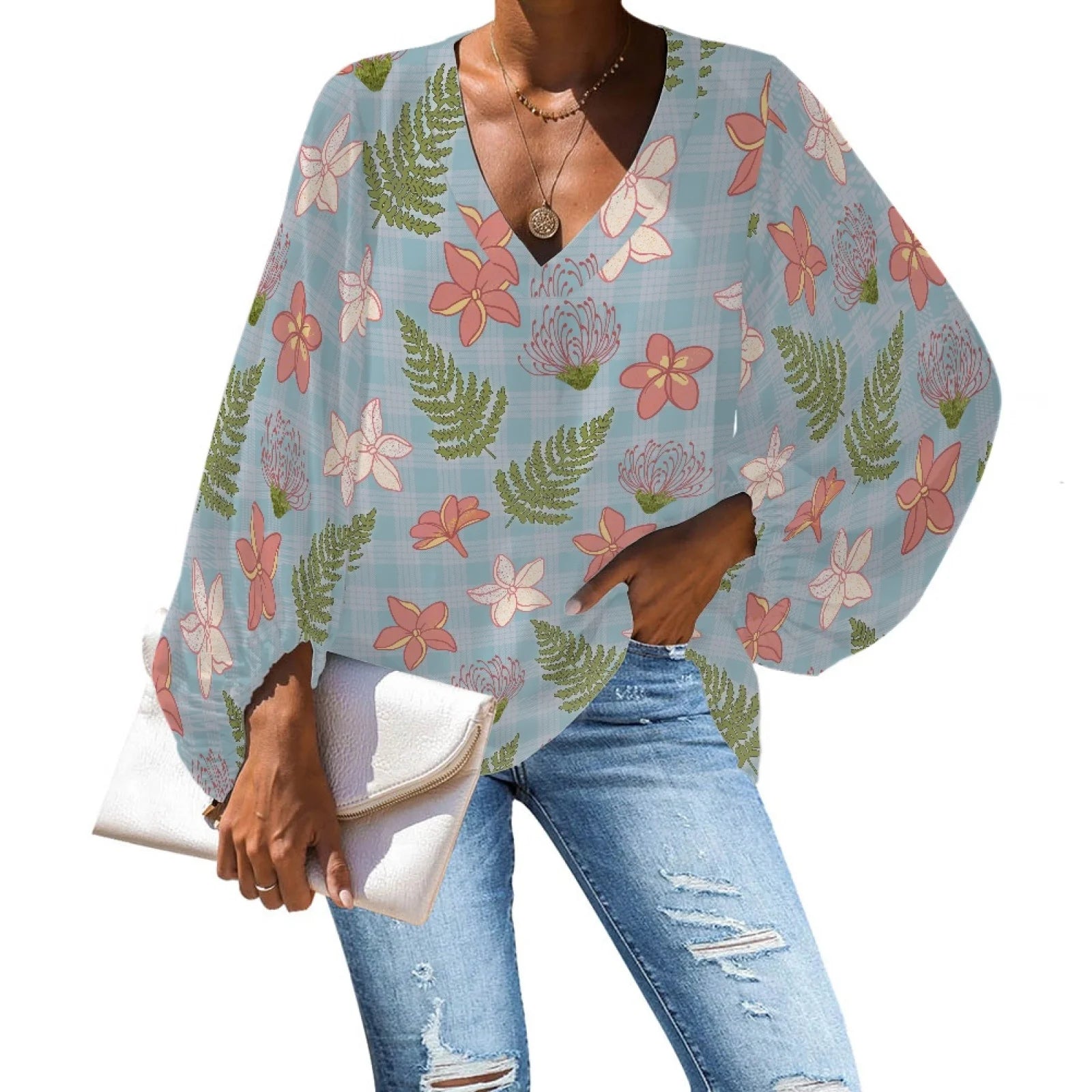Custom Chiffon Plus Size Polyester Women's Top Hawaiian Floral Print V-Neck Long Lantern Sleeve Shirt Print on Demand