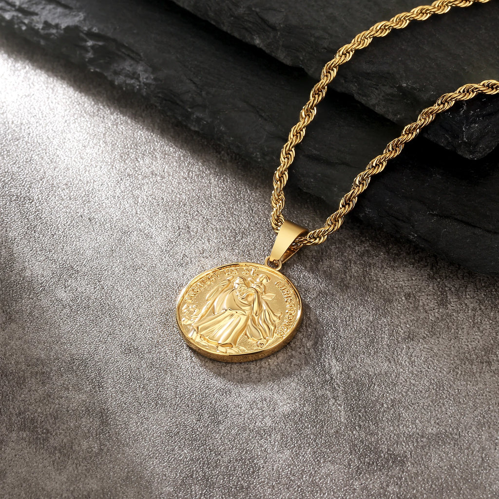 18k Gold Plated ST. CHRISTOPHER Coin Pendant Engraved Stainless Steel Coin Necklace Round Women Men Gold Coin Pendant Necklace