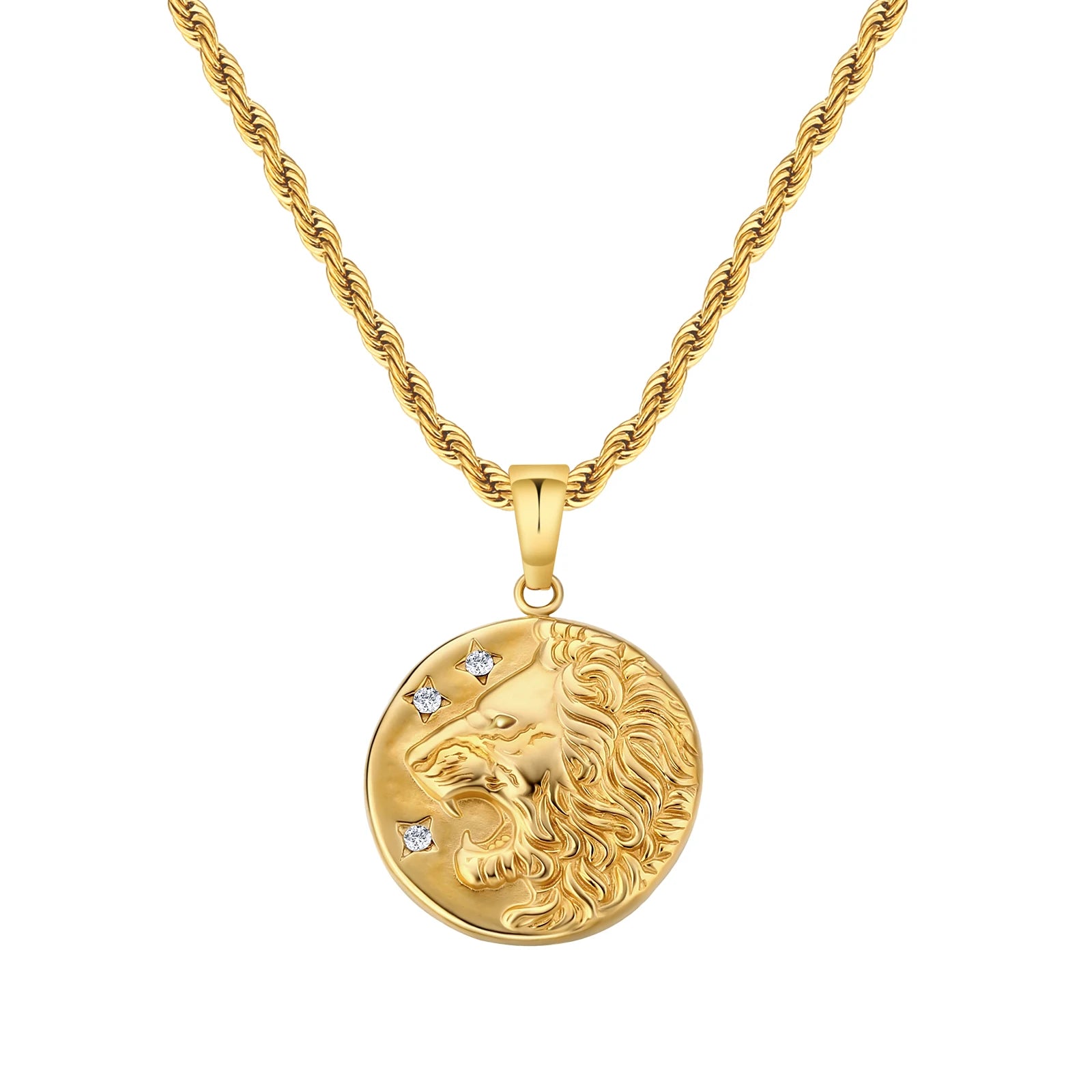 18K Real Gold Plated Compass Chain Iced Out Lion Animal Necklace Stainless Steel Jewelry Angel Ancient Coin Pendant Necklace