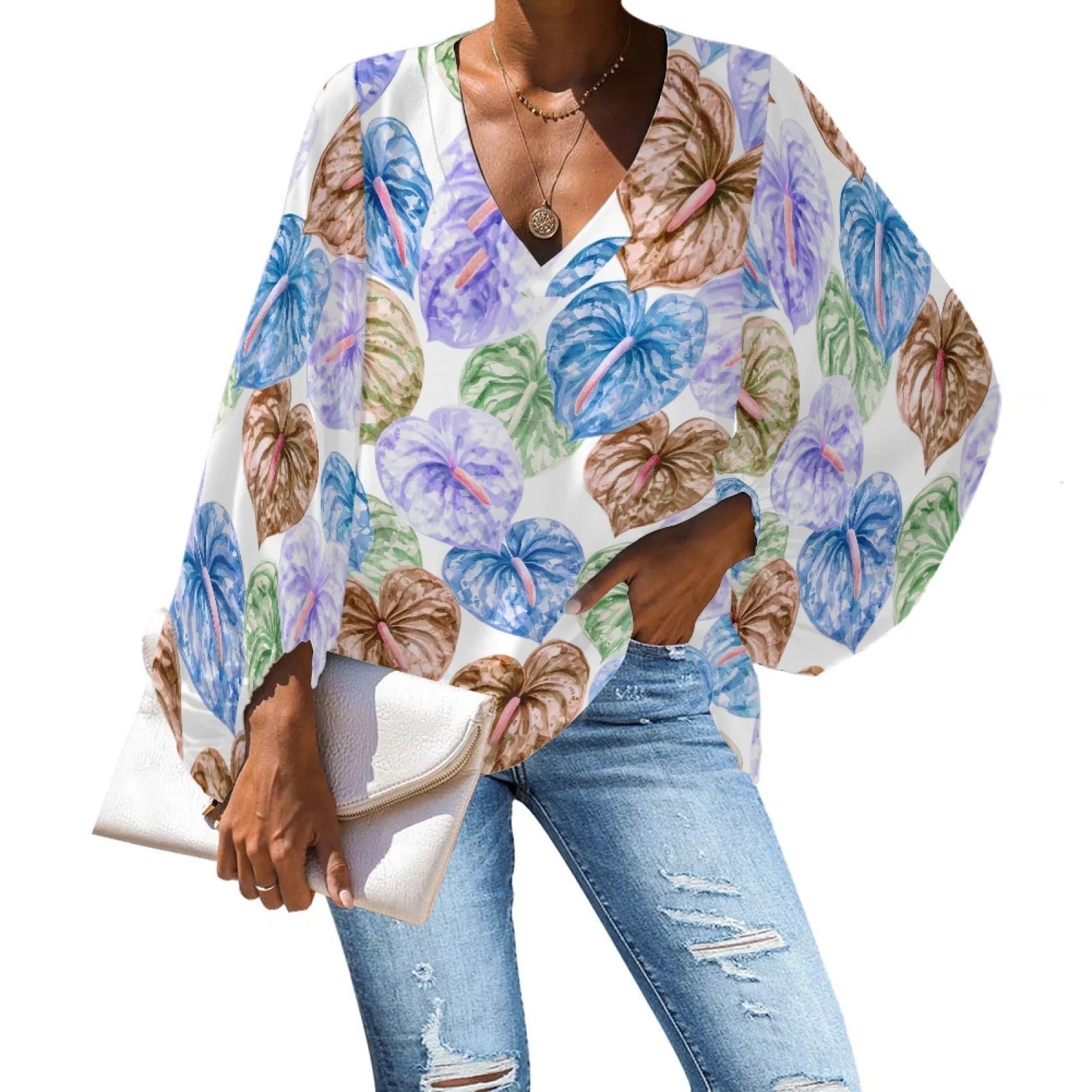 Custom Plus-size Chiffon Polyester Women's Tops Hawaiian Taro Leaf V-neck Long Lantern Sleeve Shirts Anti-shrink Feature