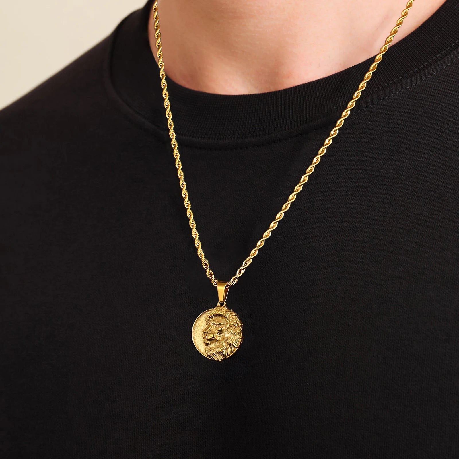 Custom Compass Lion Medallion Gold Coin Chain 18K Real Gold Plated Stainless Steel Jesus Cross Pendant Necklace for MEN Women