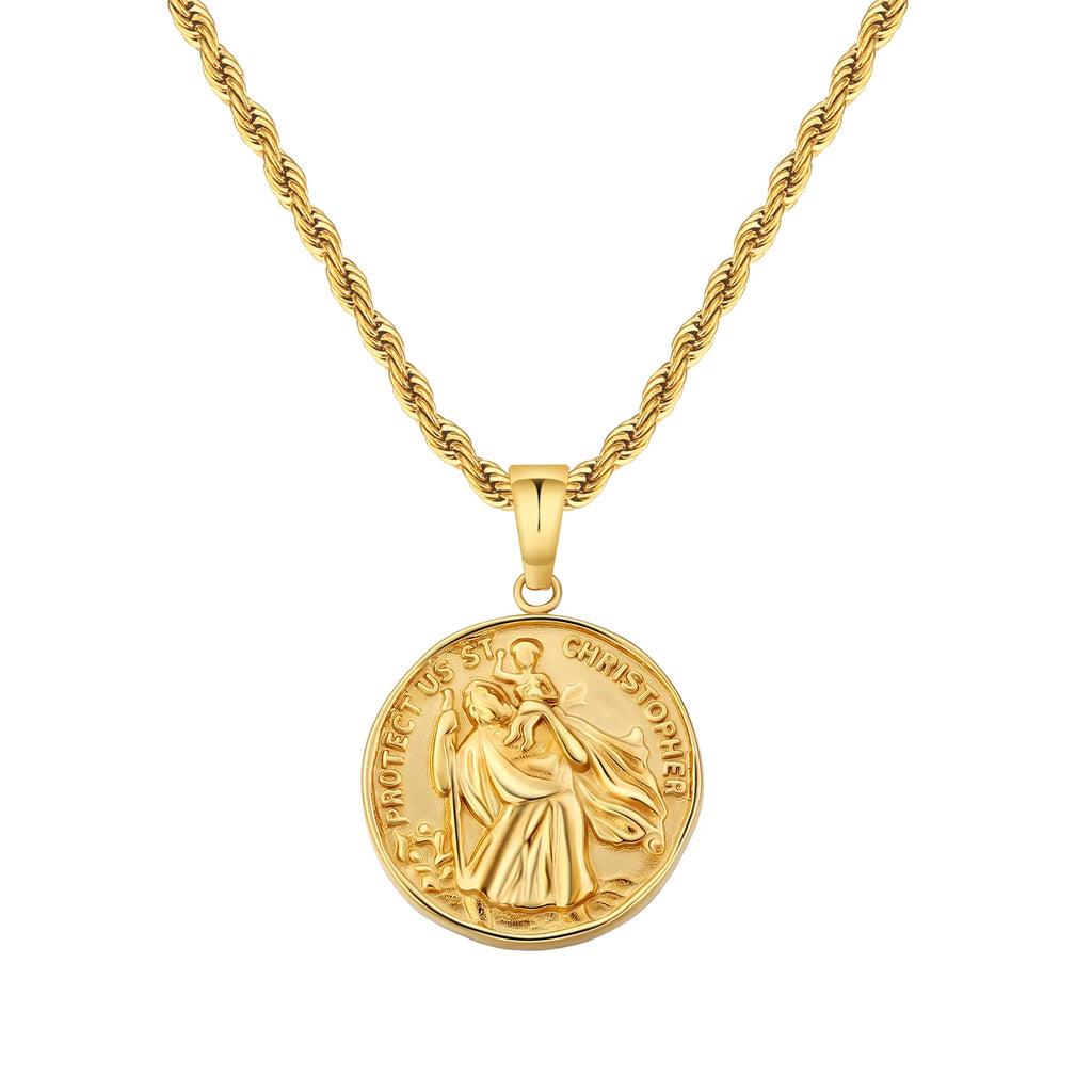 18k Gold Plated ST. CHRISTOPHER Coin Pendant Engraved Stainless Steel Coin Necklace Round Women Men Gold Coin Pendant Necklace