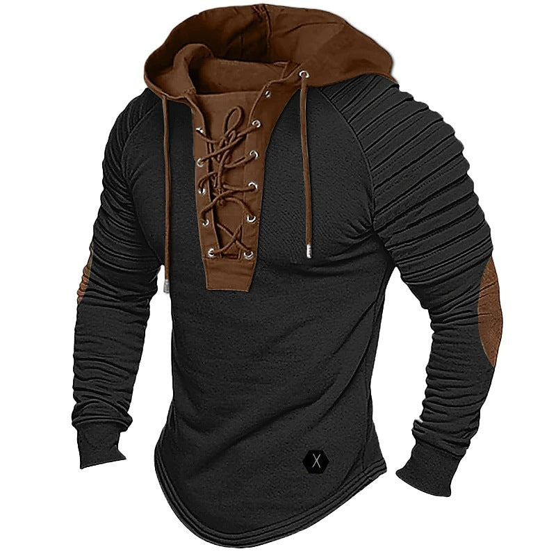 Cross-border source solid color hoodie men's T-shirt top pleated hooded street long sleeve lace-up stitching basic